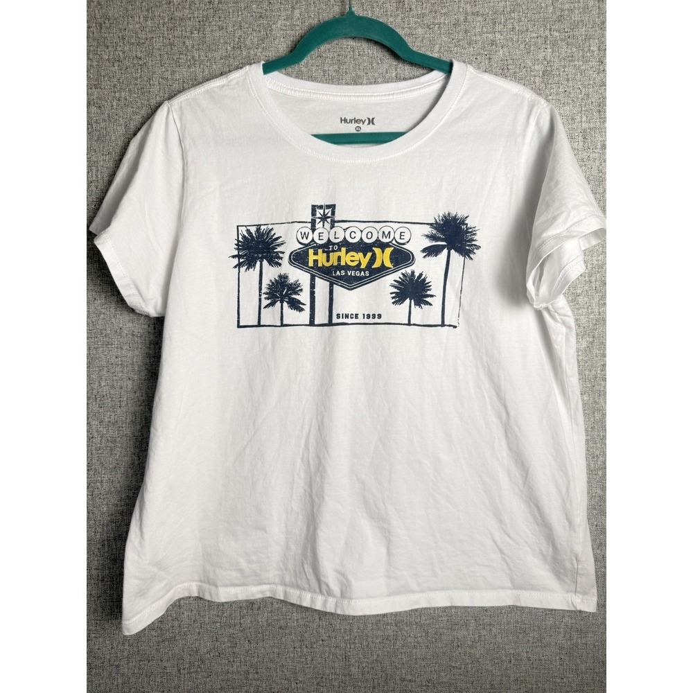 Hurley White Graphic Short Sleeve‎ Cropped T Shirt Las Vegas Nevada Palm Boxy XL